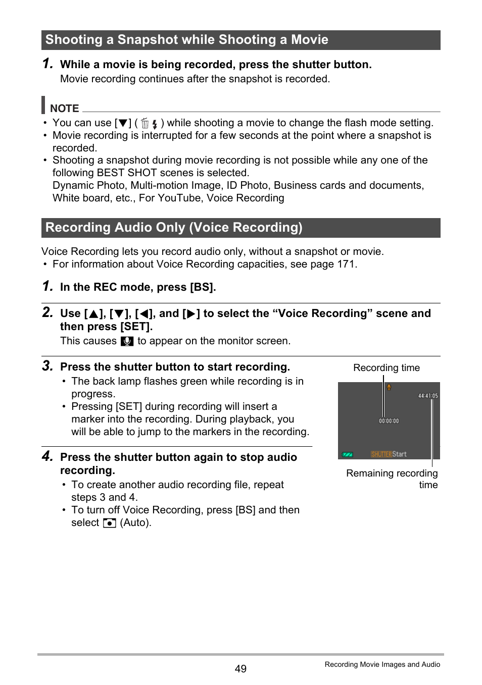 Shooting a snapshot while shooting a movie, Recording audio only (voice recording) | Casio EX-H10 User Manual | Page 49 / 189