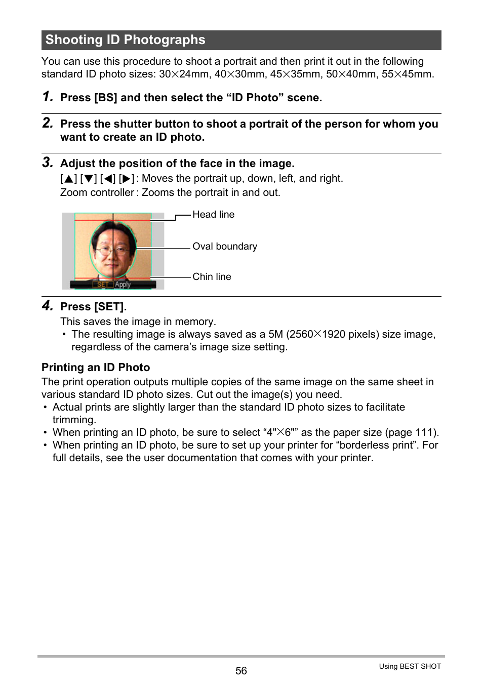 Shooting id photographs | Casio EX-H10 User Manual | Page 56 / 189