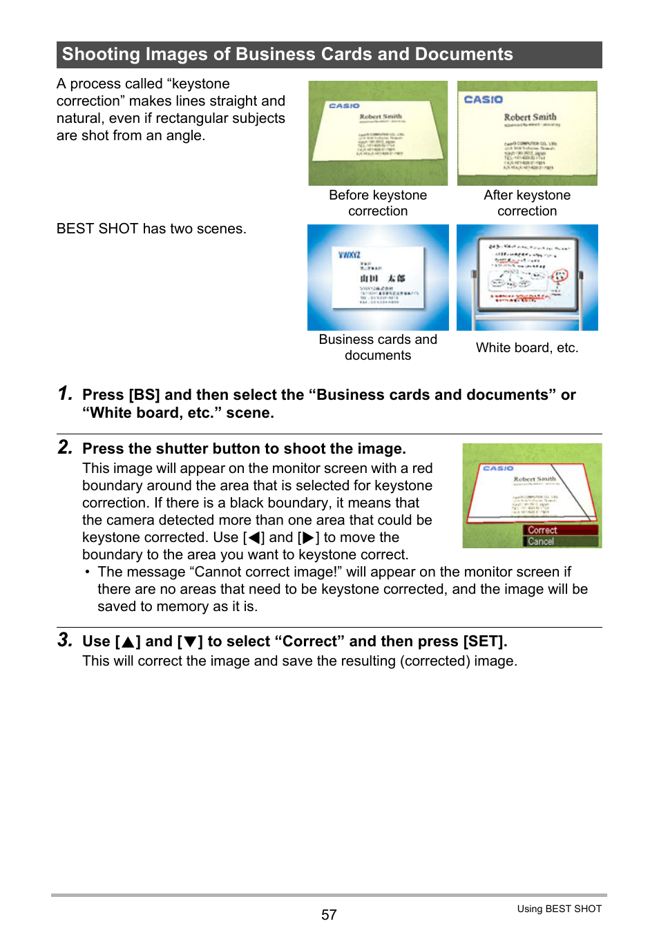 Shooting images of business cards and documents | Casio EX-H10 User Manual | Page 57 / 189