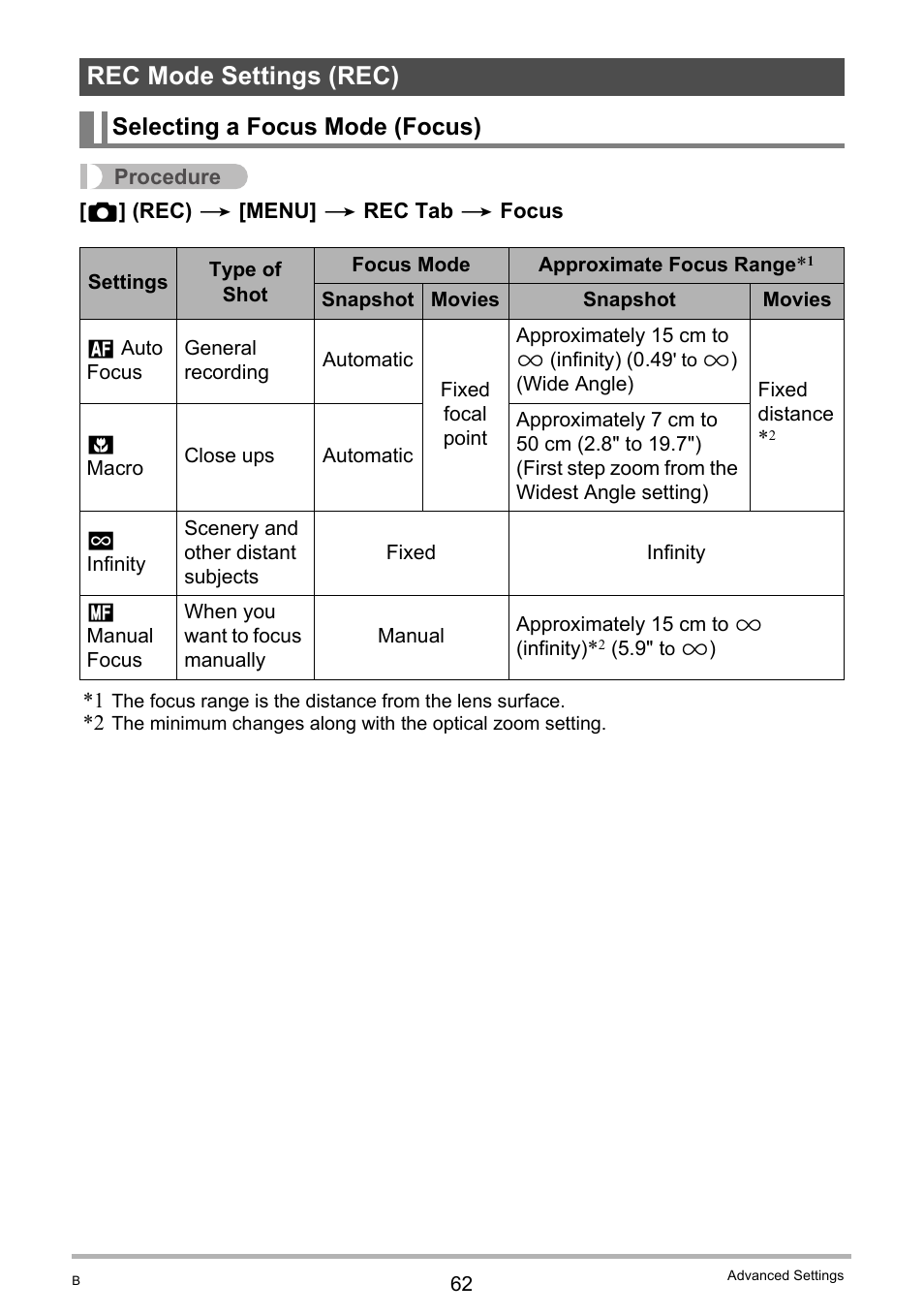 Rec mode settings (rec), Selecting a focus mode (focus) | Casio EX-H10 User Manual | Page 62 / 189