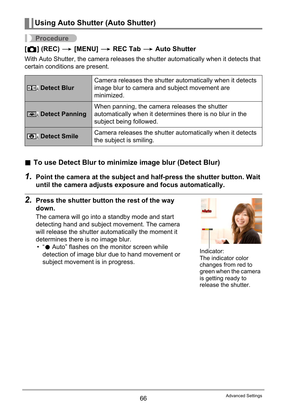 Using auto shutter (auto shutter), Age 66) | Casio EX-H10 User Manual | Page 66 / 189