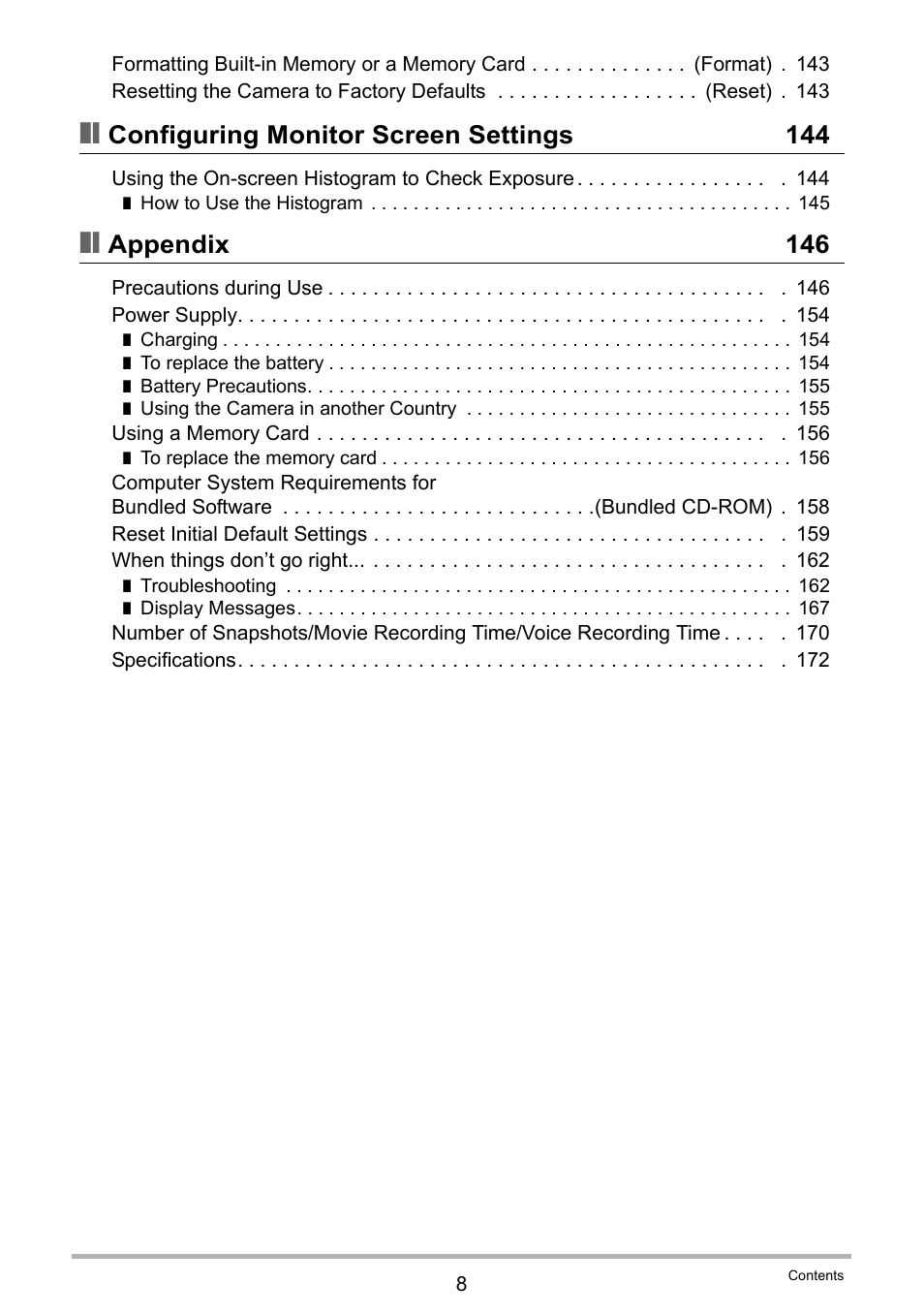 Configuring monitor screen settings 144, Appendix 146 | Casio EX-H10 User Manual | Page 8 / 189