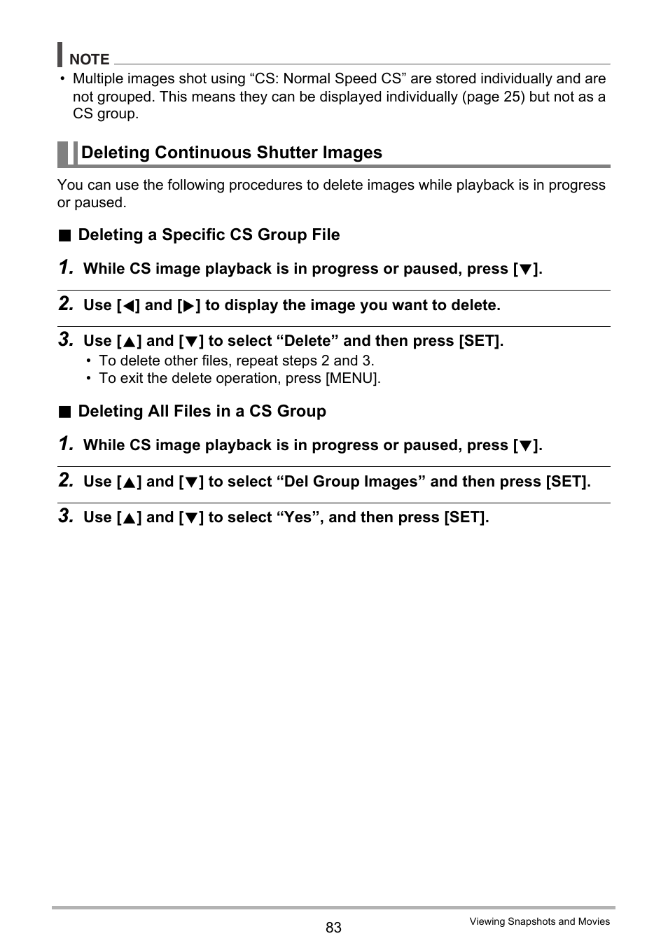 Deleting continuous shutter images | Casio EX-H10 User Manual | Page 83 / 189