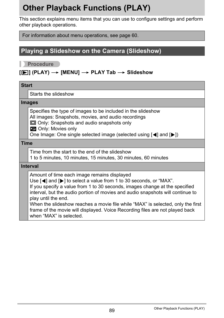 Other playback functions (play), Playing a slideshow on the camera (slideshow), Other playback functions | Play) 89 | Casio EX-H10 User Manual | Page 89 / 189