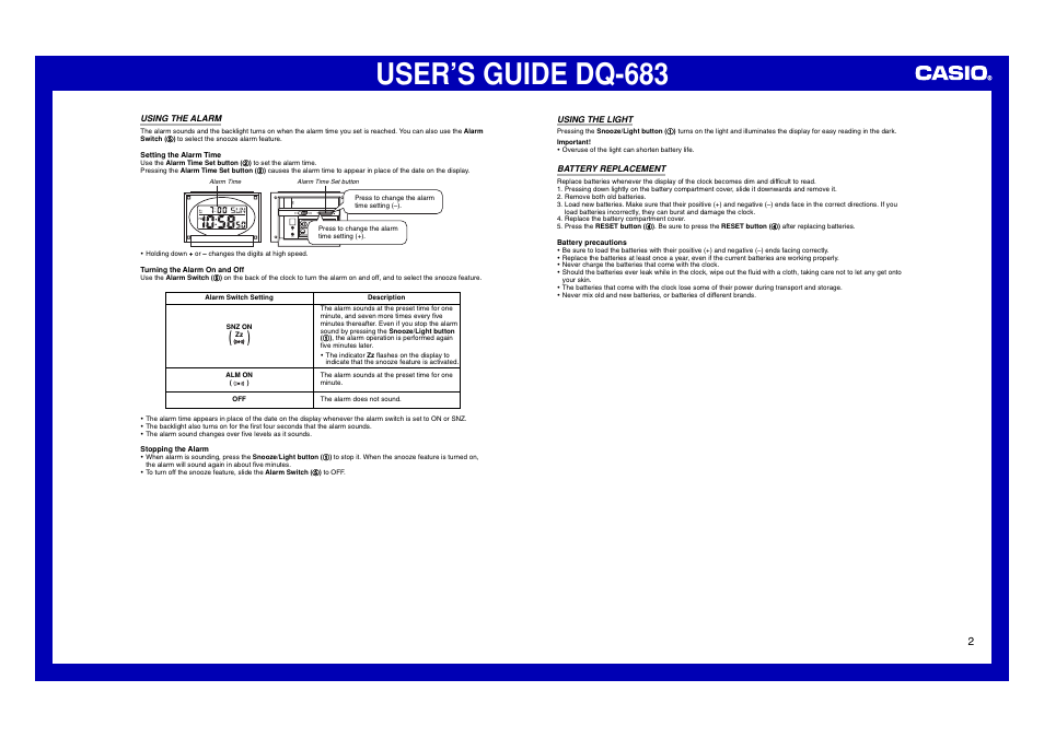 Using the alarm, Using the light, Battery replacement | User’s guide dq-683 | Casio DQ-683 User Manual | Page 2 / 2