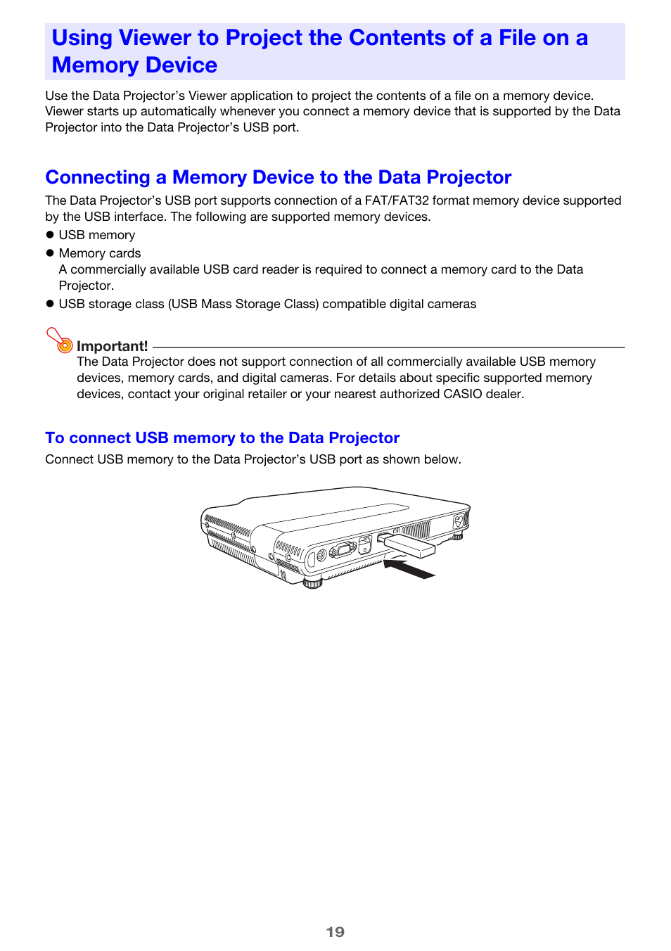 Connecting a memory device to the data projector | Casio XJ-A256 User Manual | Page 19 / 69