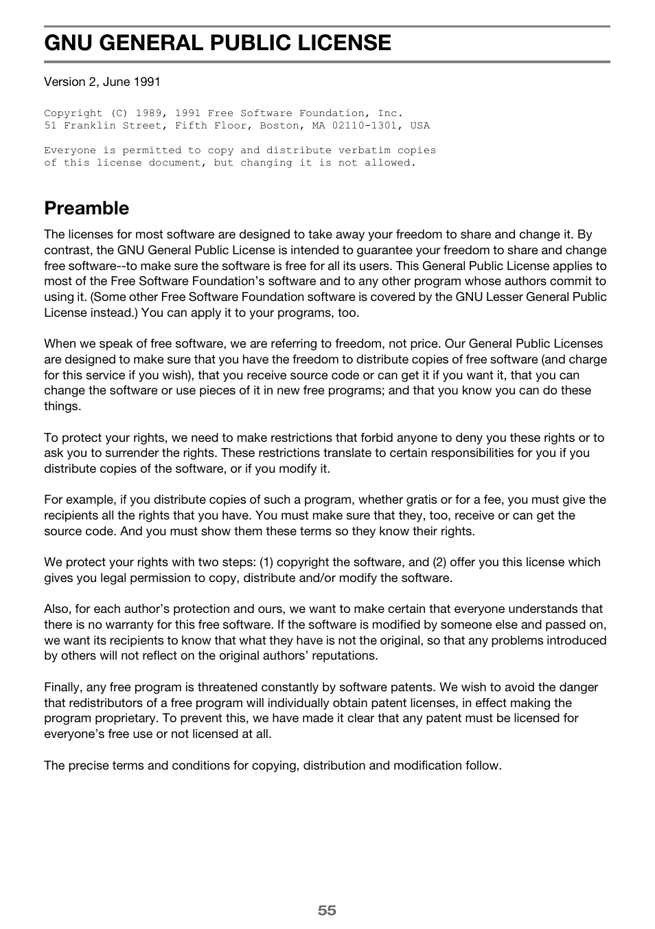 Gnu general public license, Preamble | Casio XJ-A256 User Manual | Page 55 / 69