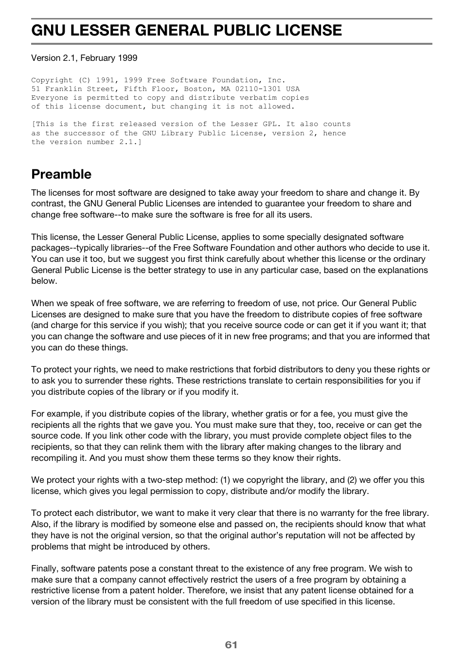 Gnu lesser general public license, Preamble | Casio XJ-A256 User Manual | Page 61 / 69