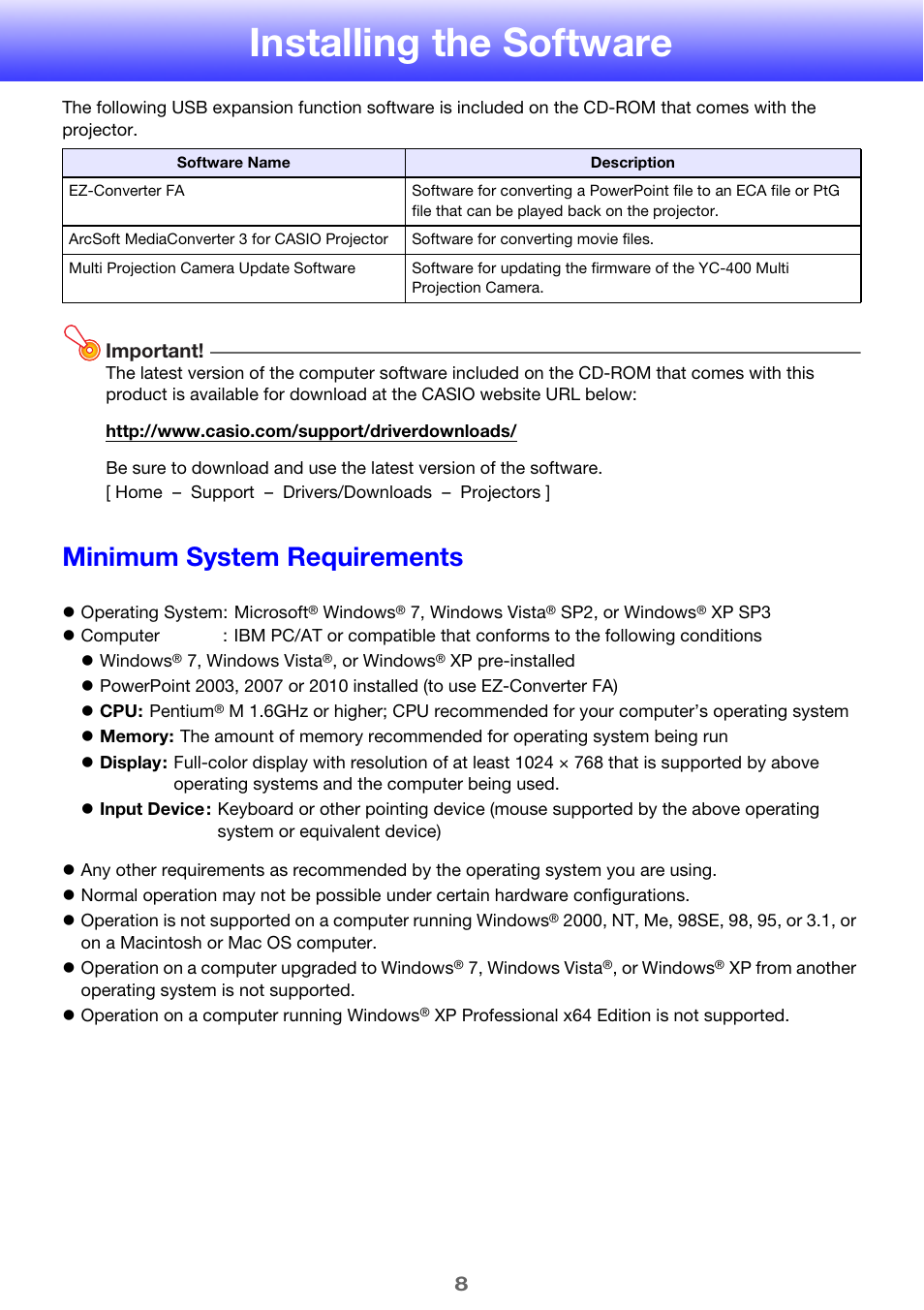 Installing the software, Minimum system requirements | Casio XJ-A256 User Manual | Page 8 / 69