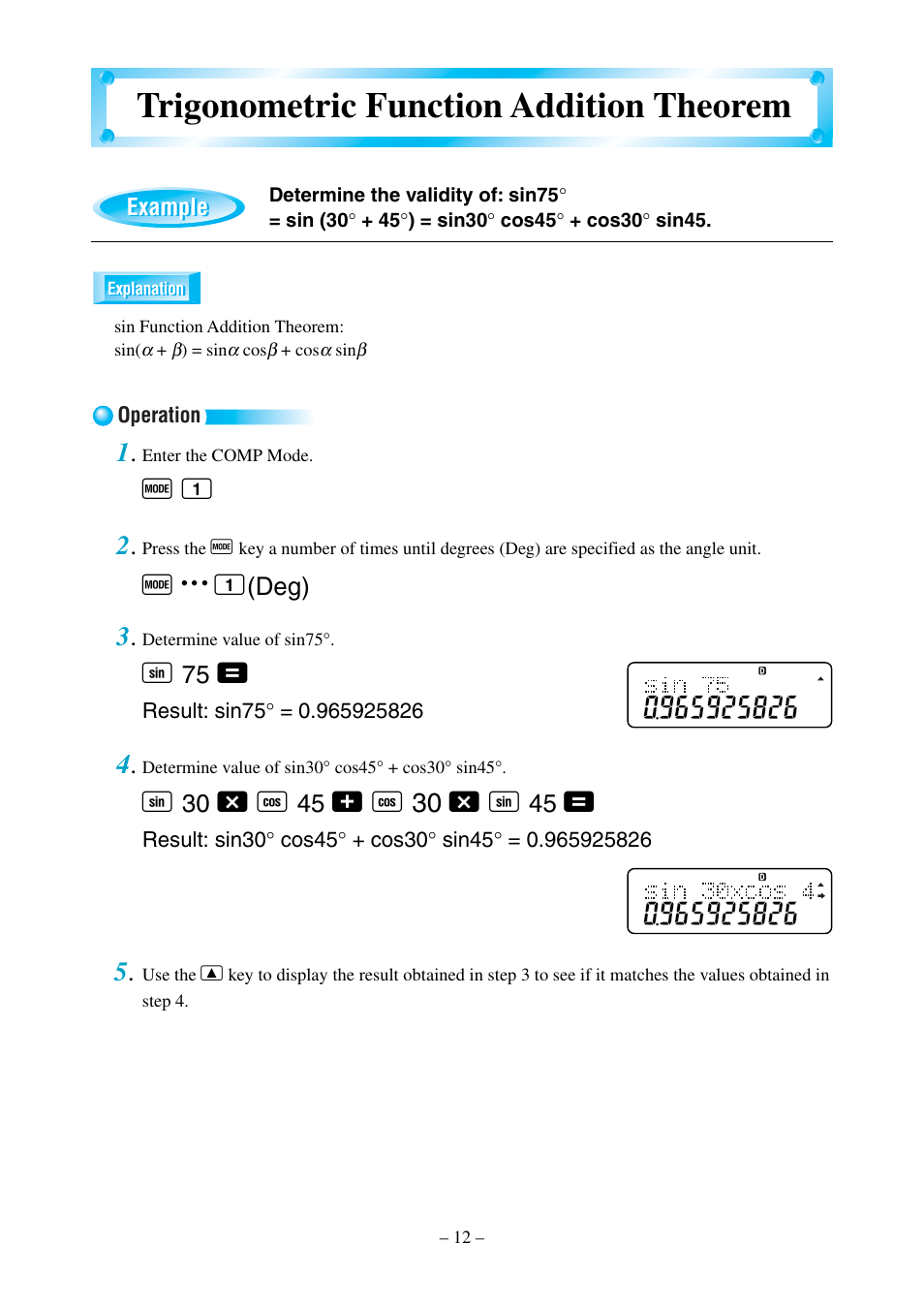 Trigonometric function addition theorem, F 1 2, W 30 - s | Casio fx-570MS User Manual | Page 15 / 46