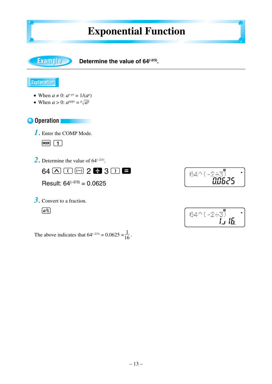 Exponential function, F 1 2, W r d 2 \ 3 t | Example | Casio fx-570MS User Manual | Page 16 / 46