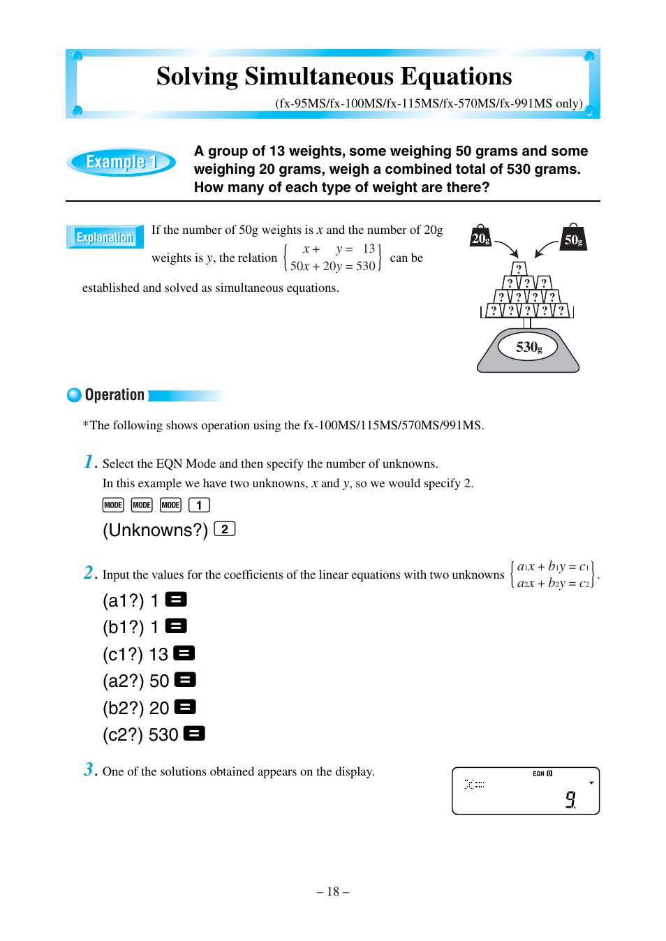 Solving simultaneous equations, F f f 1 | Casio fx-570MS User Manual | Page 21 / 46