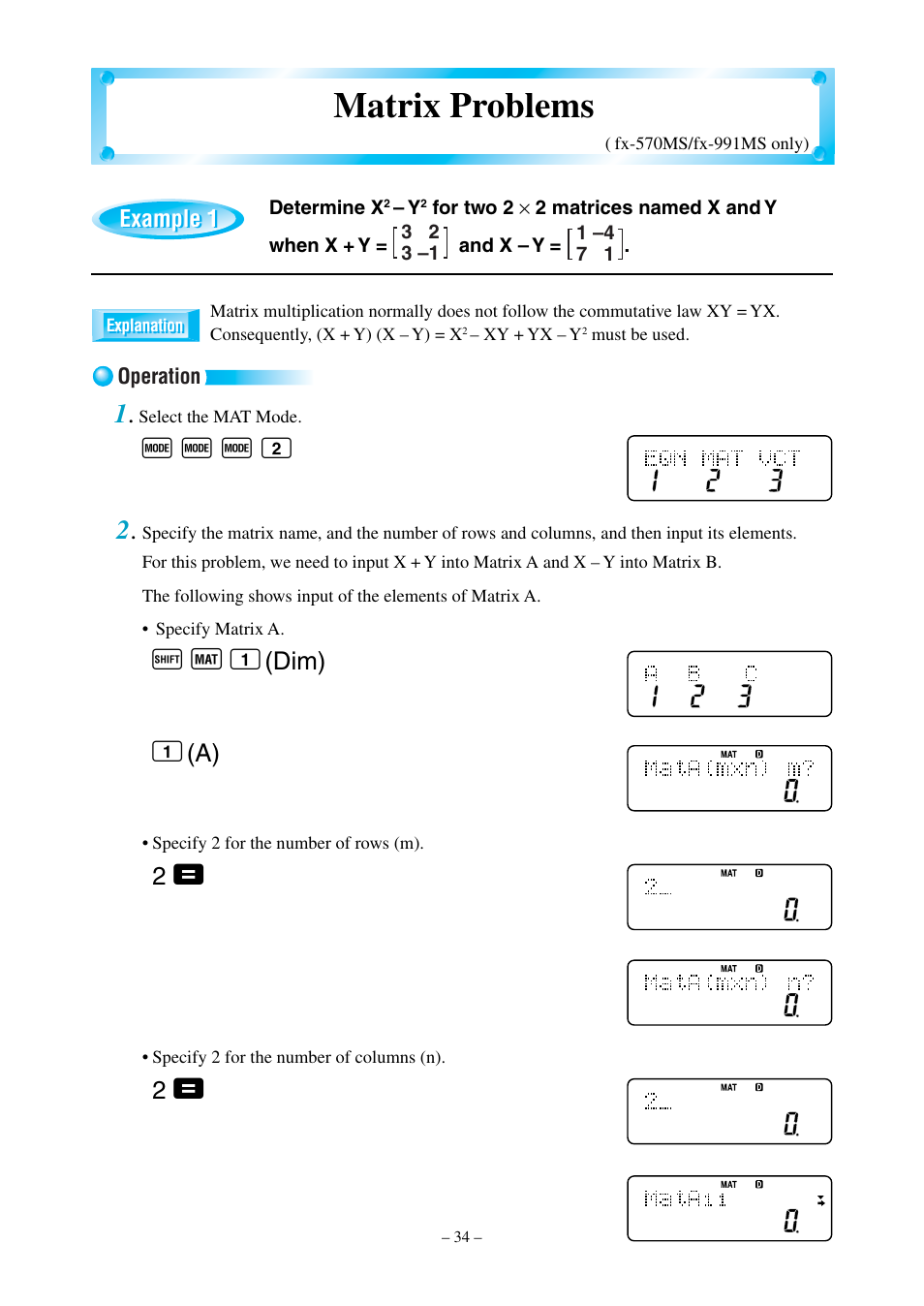 Matrix problems, F f f 2 2, A j 1 | Dim) | Casio fx-570MS User Manual | Page 37 / 46