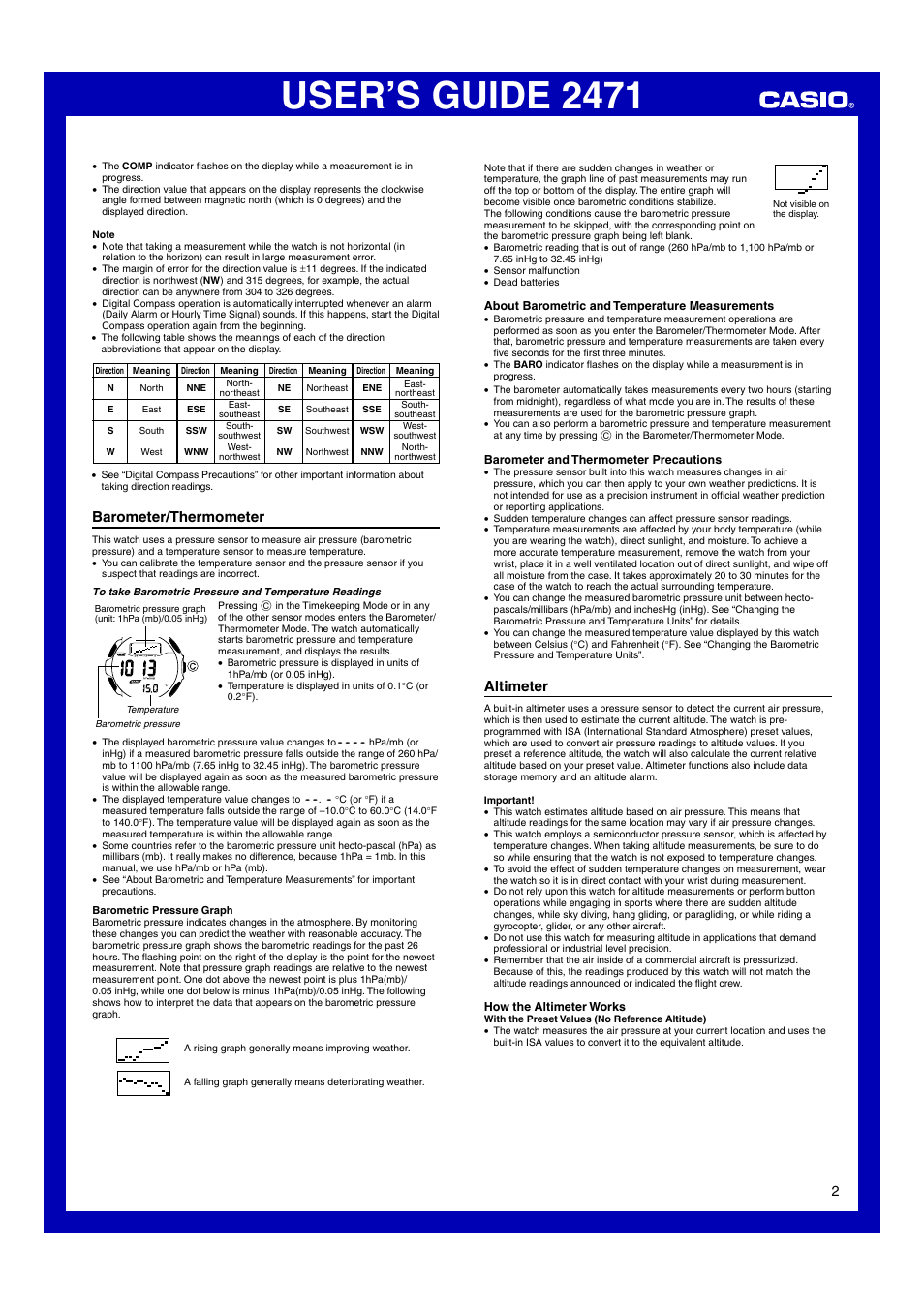 Barometer/thermometer, Altimeter, User’s guide 2471 | Casio 2471 User Manual | Page 2 / 8