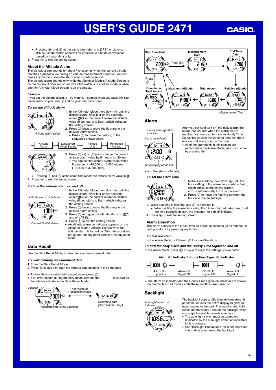 Data recall, Alarm, Backlight | User’s guide 2471 | Casio 2471 User Manual | Page 4 / 8