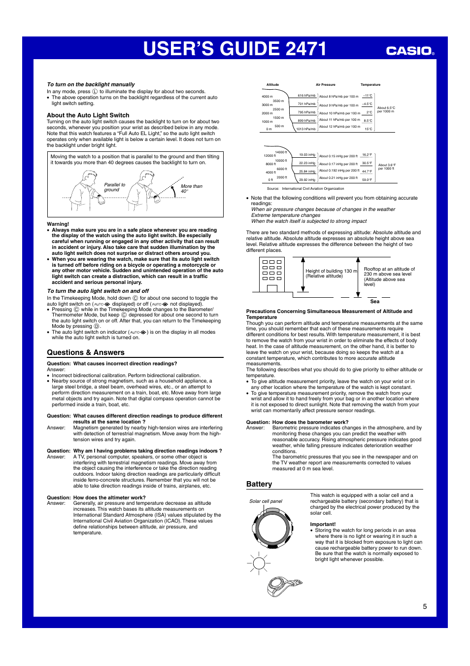 Questions & answers, Battery, User’s guide 2471 | About the auto light switch | Casio 2471 User Manual | Page 5 / 8
