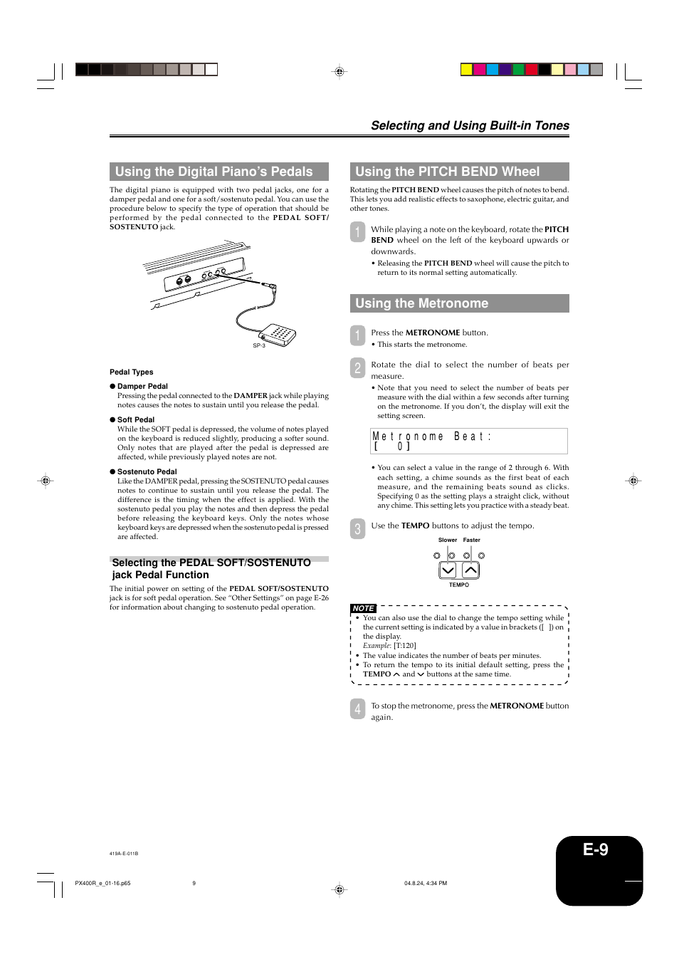 Using the pitch bend wheel, Using the metronome, Using the digital piano’s pedals | Selecting and using built-in tones | Casio PX-400R User Manual | Page 11 / 49