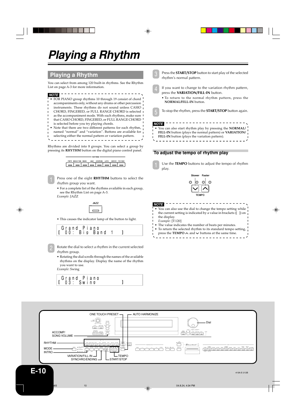 Playing a rhythm, E-10, 0 0 : b i | 0 3 : 0 s w i n | Casio PX-400R User Manual | Page 12 / 49