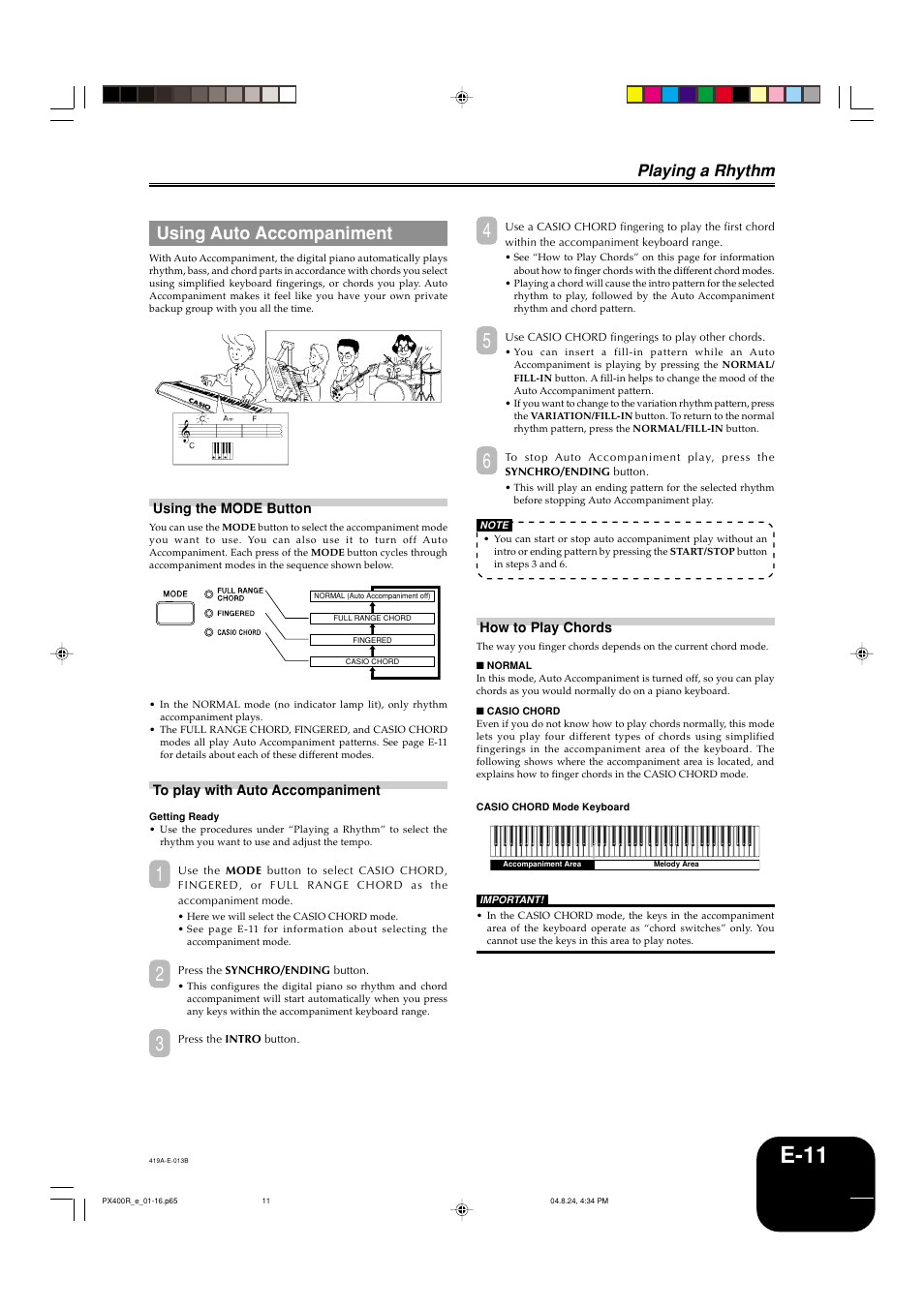 E-11, Using auto accompaniment, Playing a rhythm | Casio PX-400R User Manual | Page 13 / 49