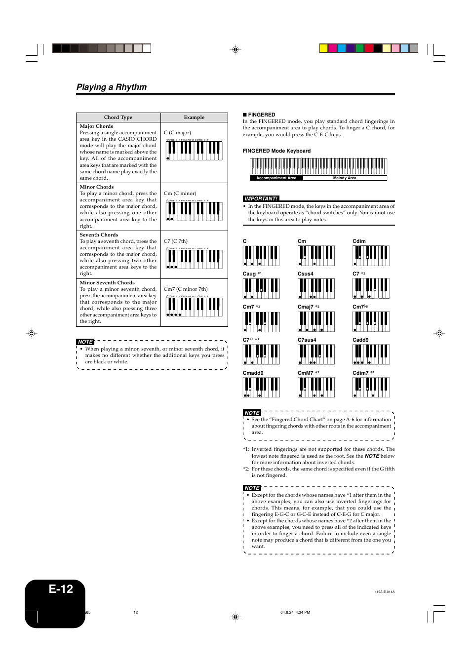 E-12, Playing a rhythm | Casio PX-400R User Manual | Page 14 / 49