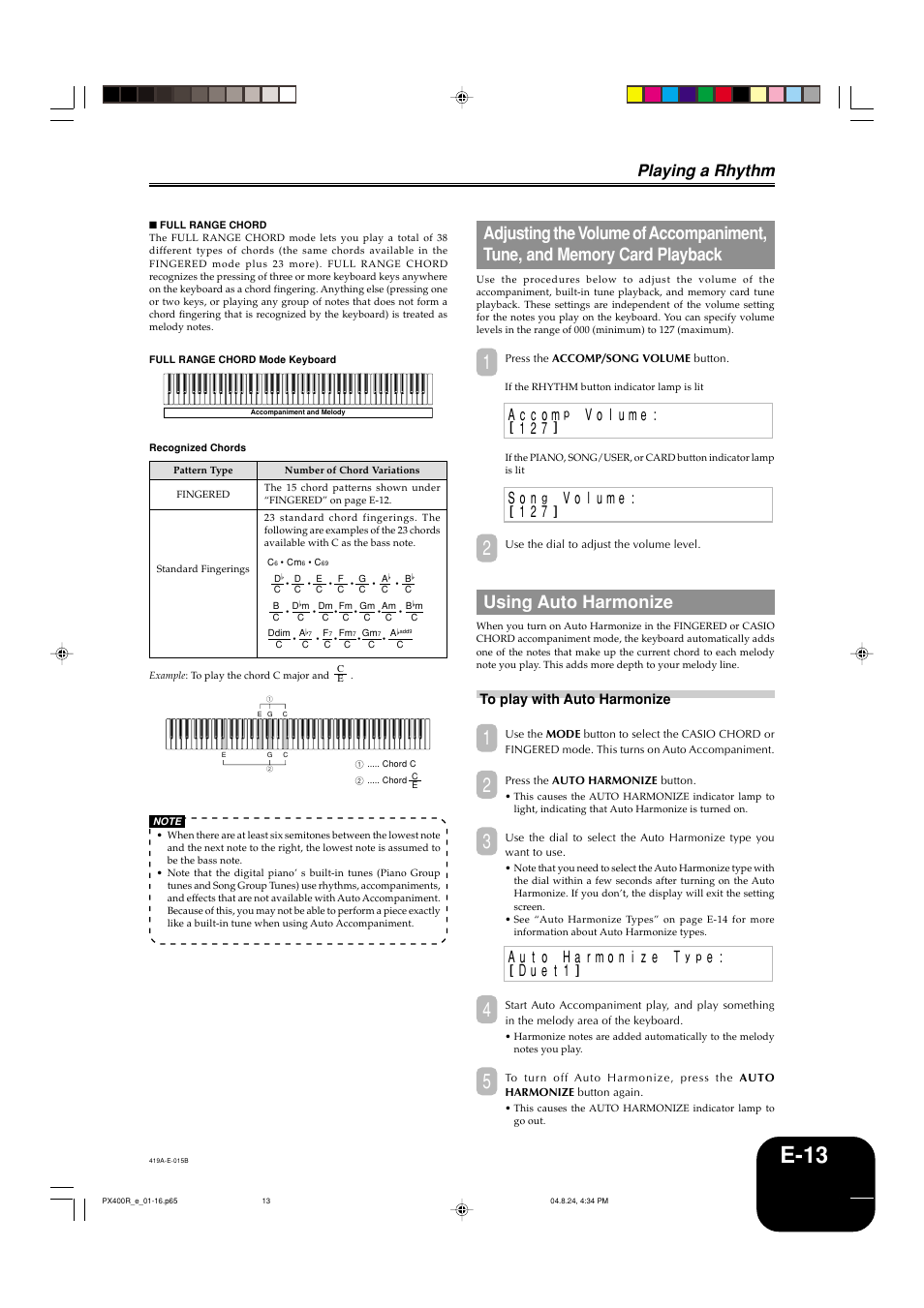 E-13, Using auto harmonize, Playing a rhythm | Casio PX-400R User Manual | Page 15 / 49