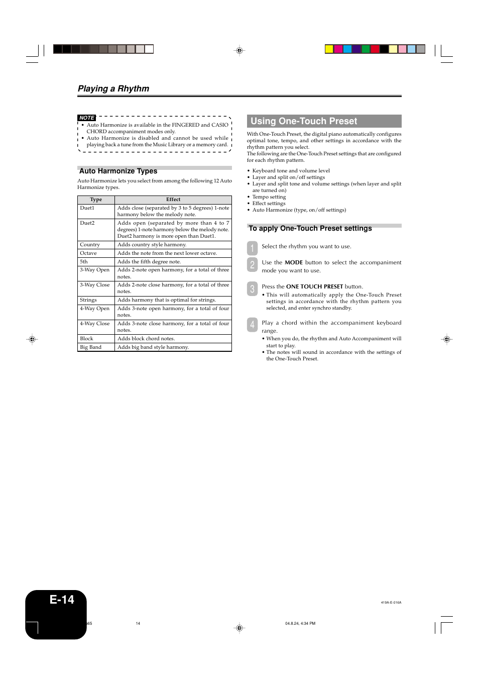 E-14, Using one-touch preset, Playing a rhythm | Casio PX-400R User Manual | Page 16 / 49