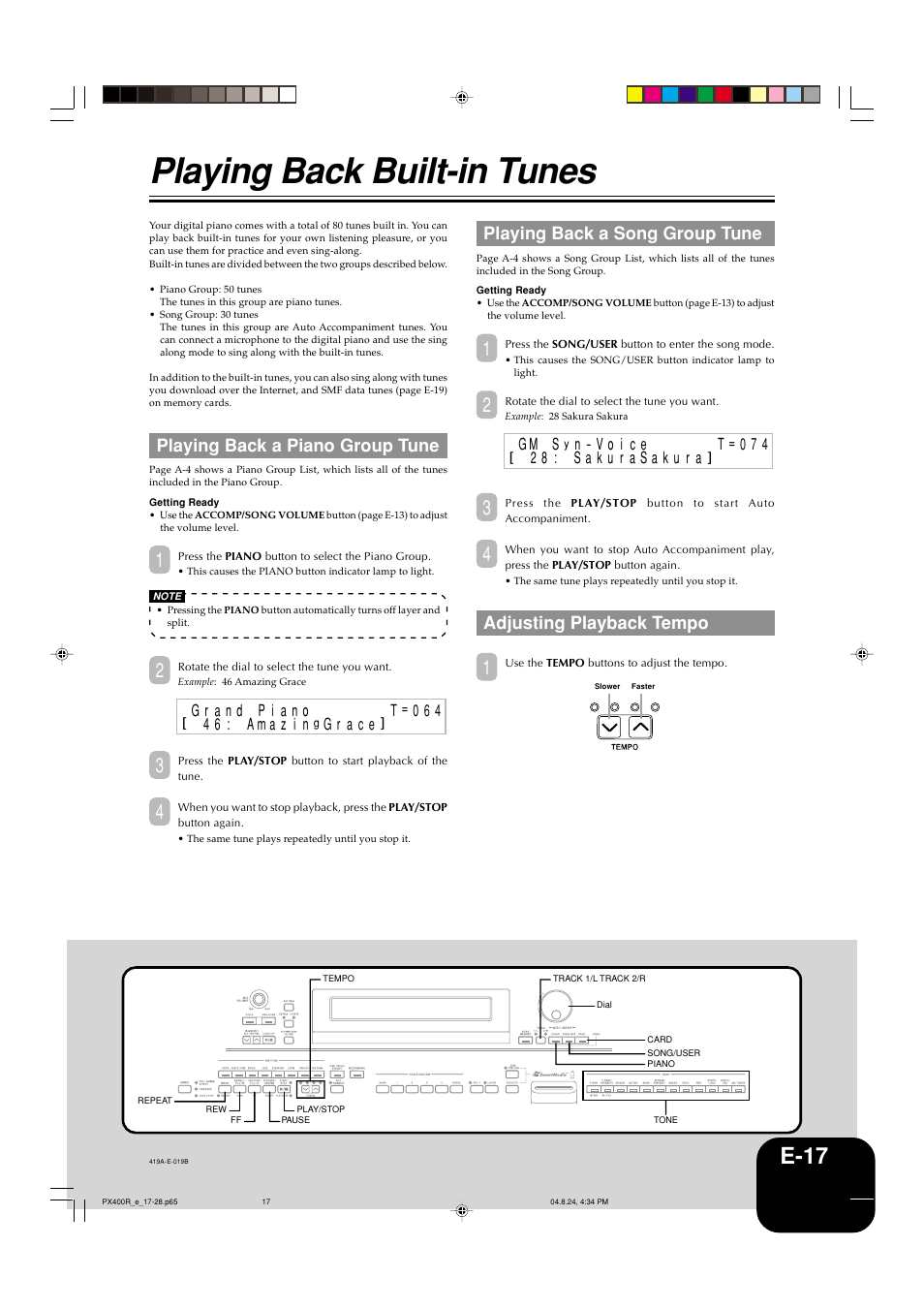 Playing back built-in tunes, E-17, Playing back a piano group tune | Playing back a song group tune, Adjusting playback tempo | Casio PX-400R User Manual | Page 19 / 49