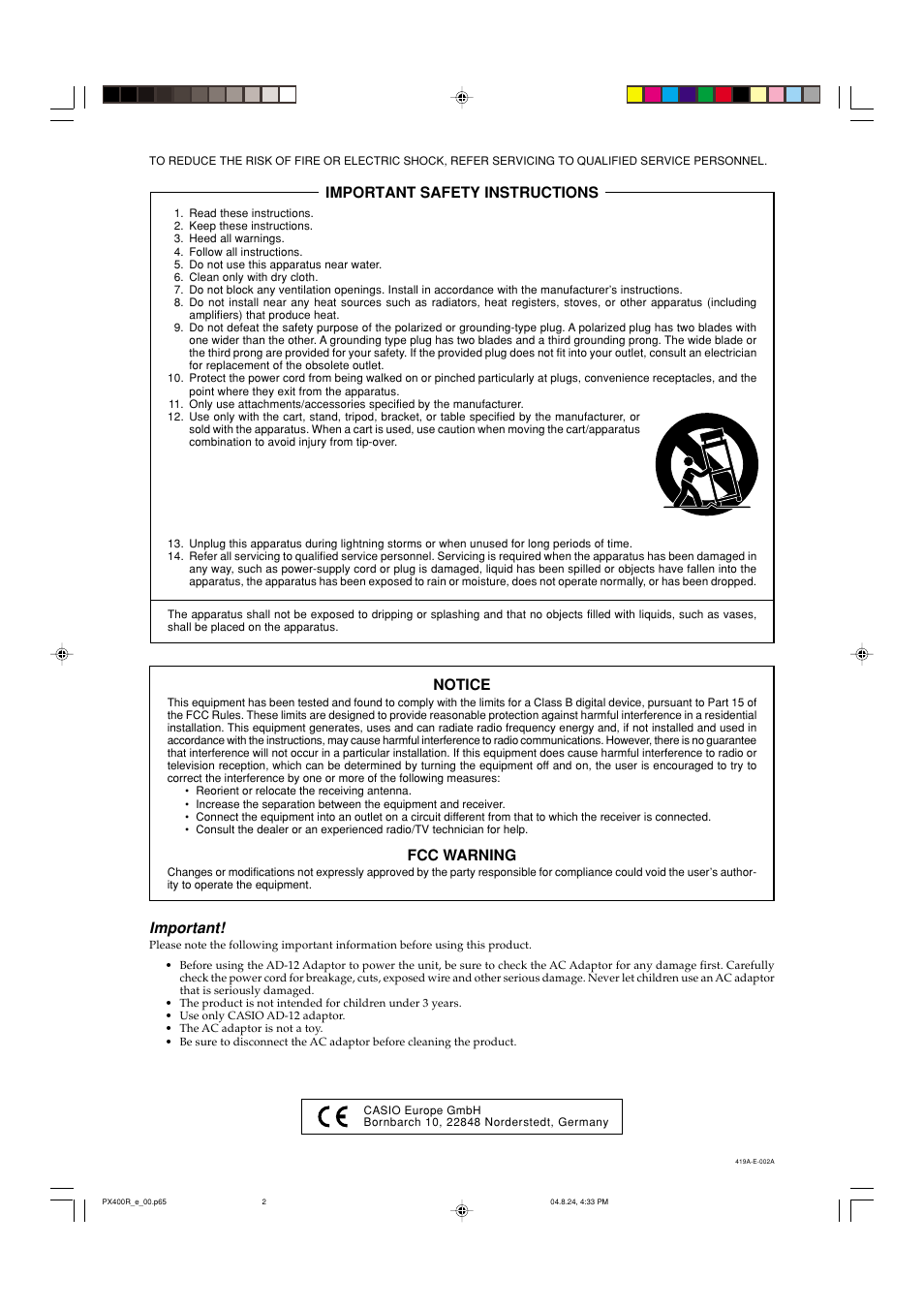 Important, Important safety instructions, Notice | Fcc warning | Casio PX-400R User Manual | Page 2 / 49