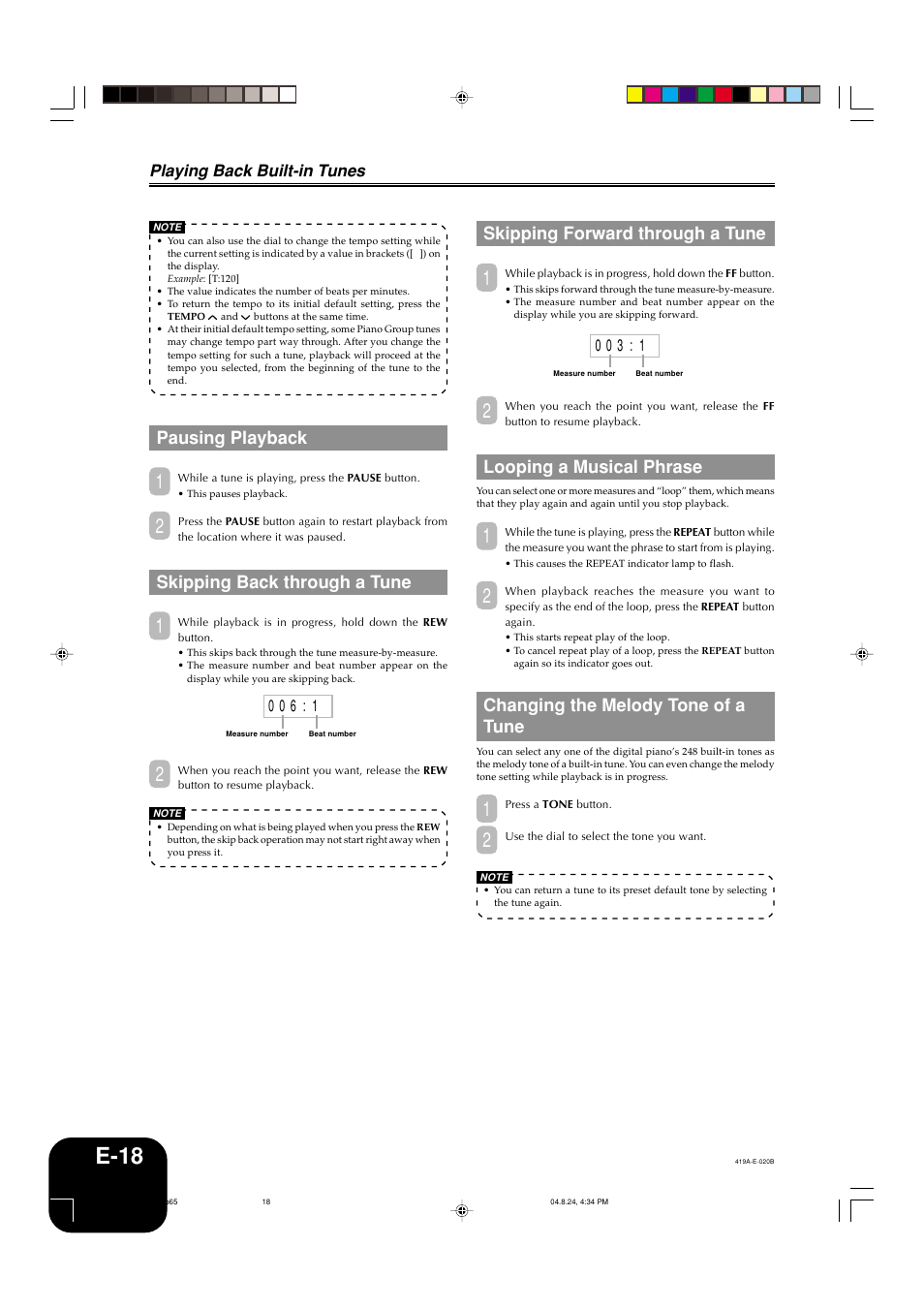 E-18, Pausing playback, Skipping back through a tune | Skipping forward through a tune, Looping a musical phrase, Changing the melody tone of a tune, Playing back built-in tunes | Casio PX-400R User Manual | Page 20 / 49