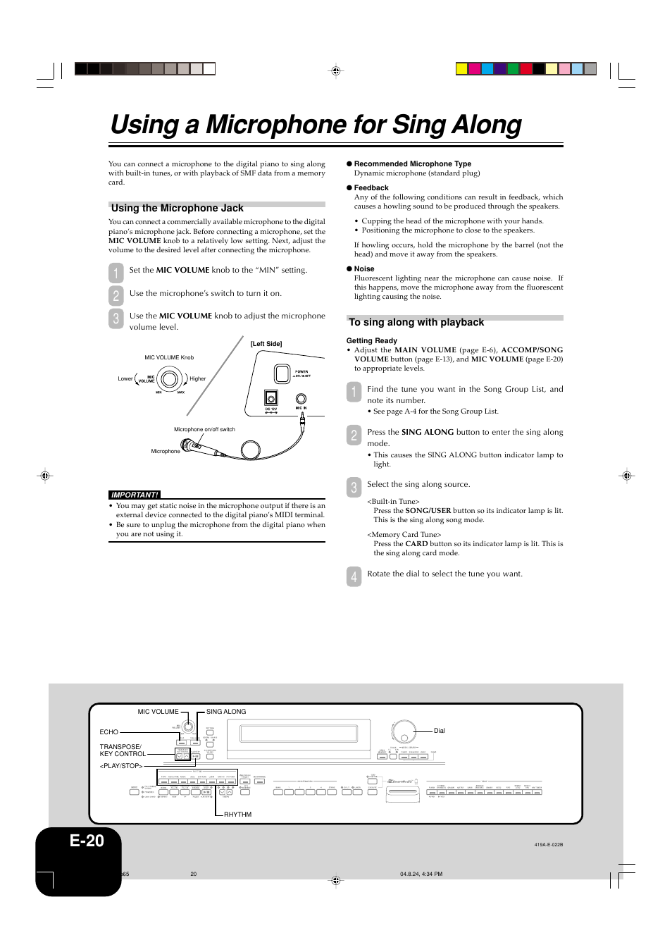 Using a microphone for sing along, E-20 | Casio PX-400R User Manual | Page 22 / 49