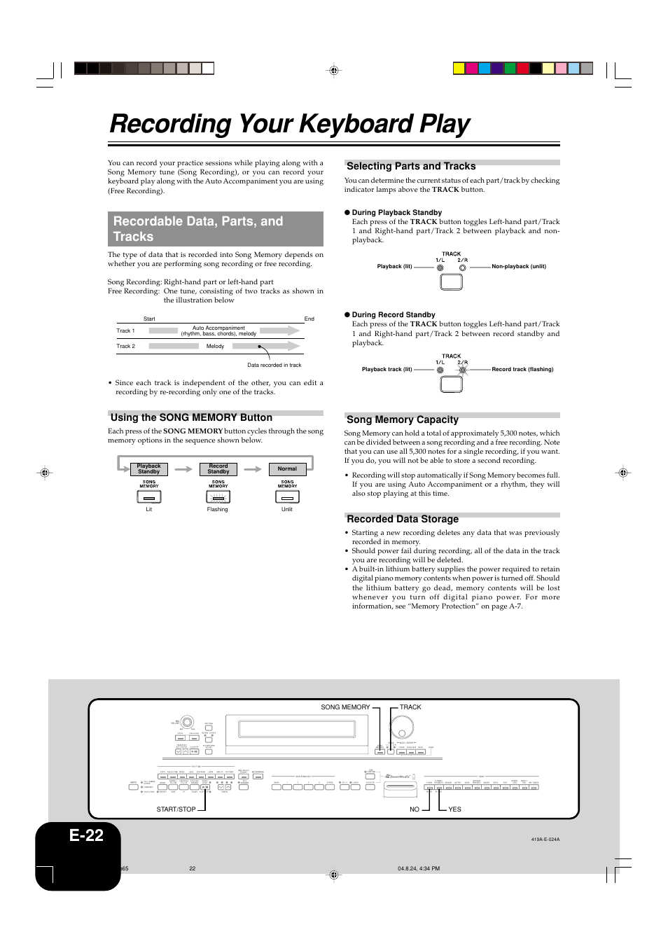 Recording your keyboard play, E-22, Recordable data, parts, and tracks | Selecting parts and tracks, Recorded data storage | Casio PX-400R User Manual | Page 24 / 49