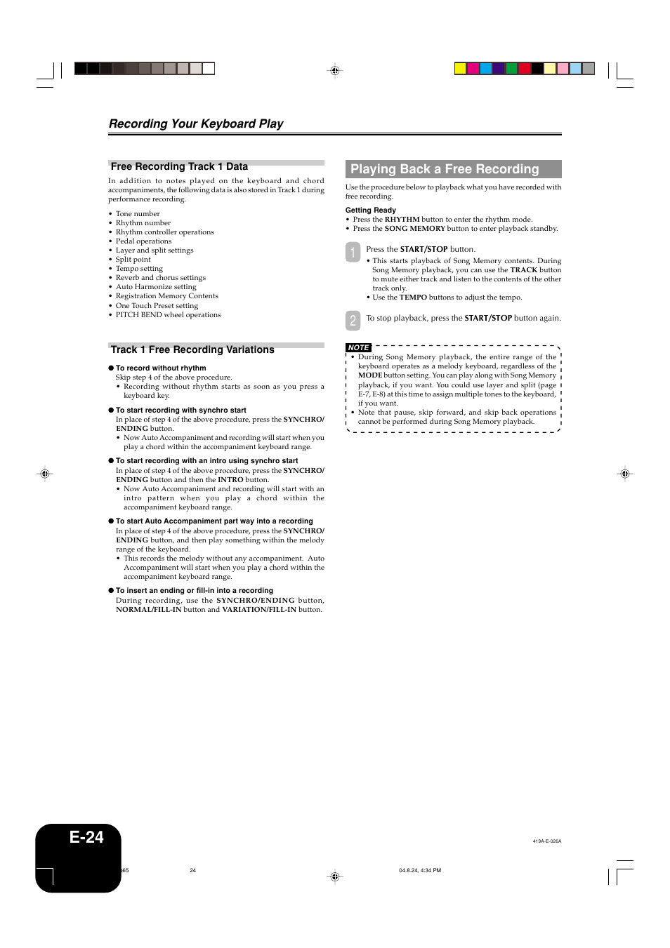 E-24, Playing back a free recording, Recording your keyboard play | Casio PX-400R User Manual | Page 26 / 49