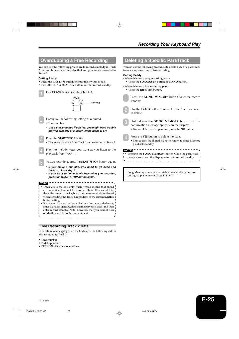E-25, Deleting a specific part/track, Overdubbing a free recording | Recording your keyboard play | Casio PX-400R User Manual | Page 27 / 49
