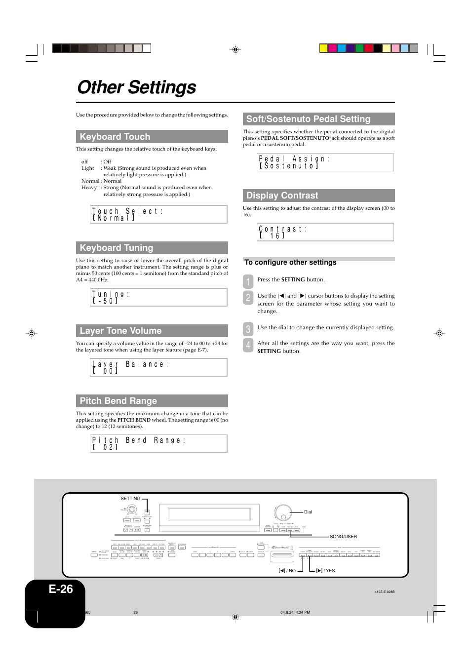 Other settings, E-26, Keyboard touch | Keyboard tuning, Layer tone volume, Pitch bend range, Soft/sostenuto pedal setting, Display contrast | Casio PX-400R User Manual | Page 28 / 49