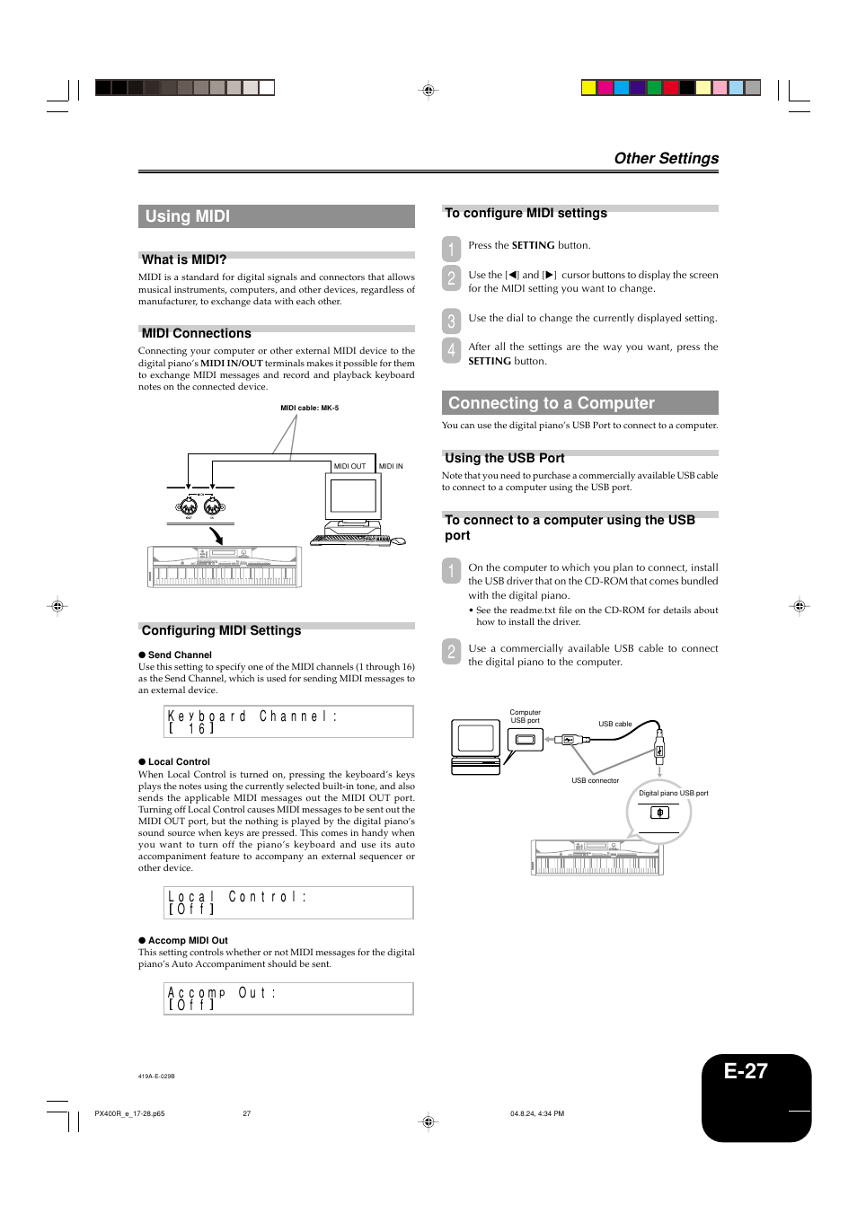 E-27, Using midi, Connecting to a computer | Other settings | Casio PX-400R User Manual | Page 29 / 49