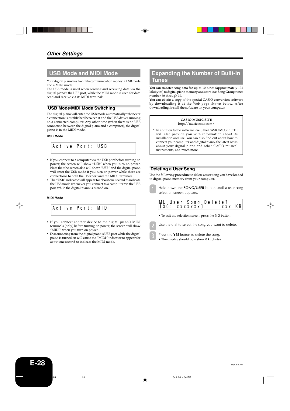 E-28, Expanding the number of built-in tunes, Usb mode and midi mode | Other settings | Casio PX-400R User Manual | Page 30 / 49