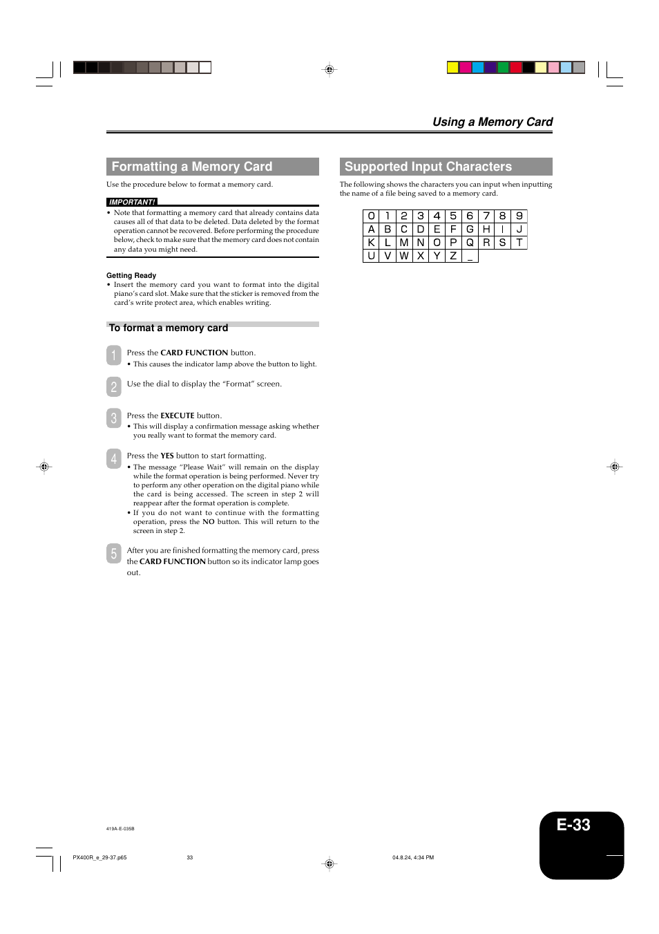 E-33, Supported input characters | Casio PX-400R User Manual | Page 35 / 49