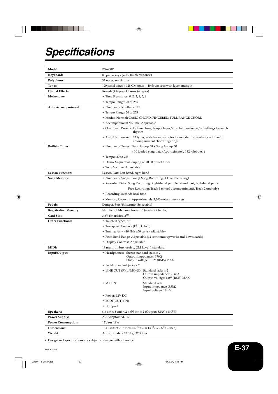 Specifications, E-37 | Casio PX-400R User Manual | Page 39 / 49