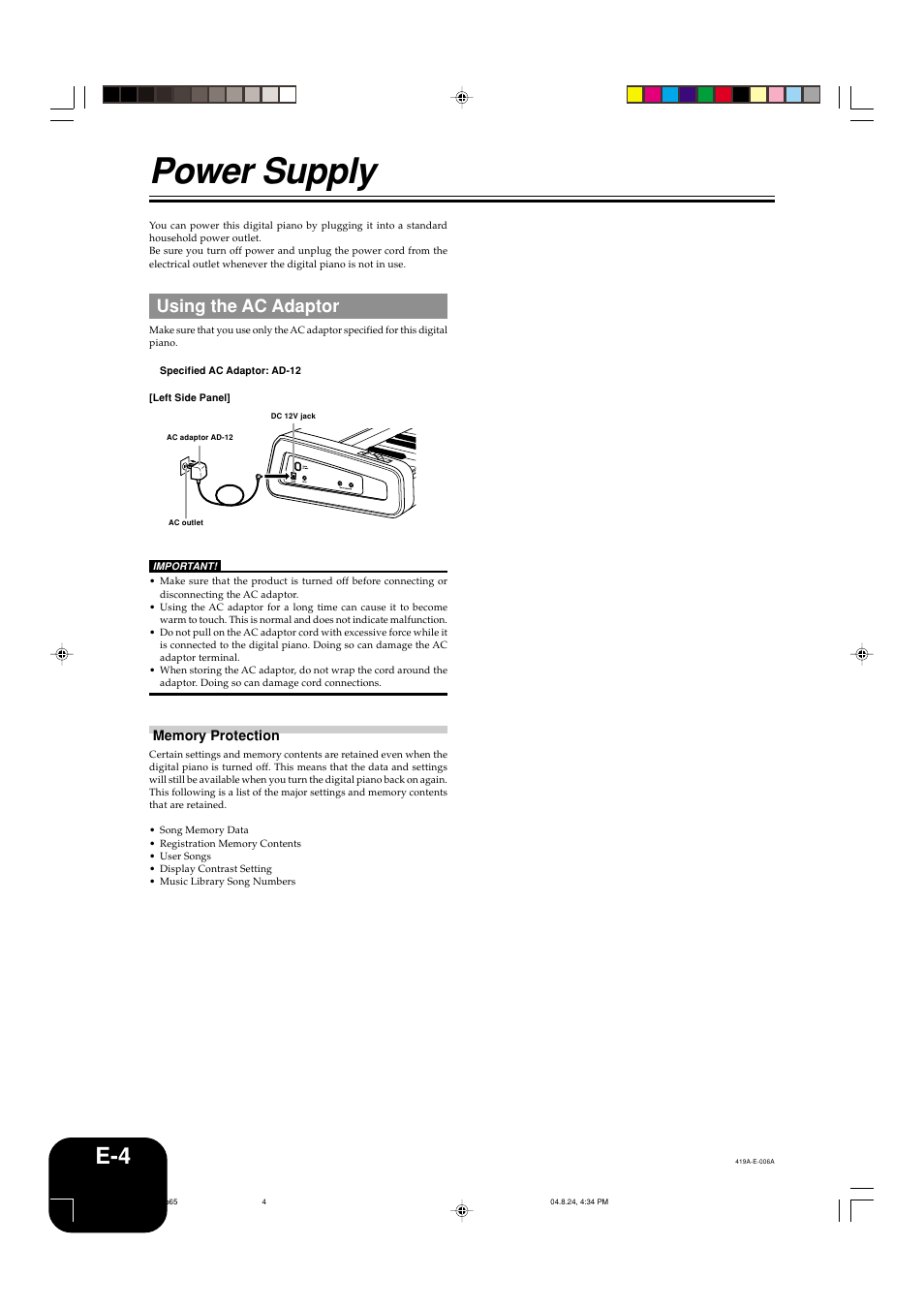 Power supply, Using the ac adaptor | Casio PX-400R User Manual | Page 6 / 49