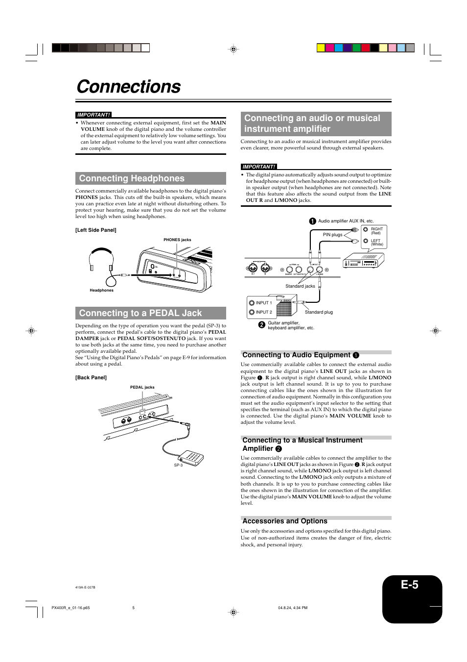 Connections, Connecting headphones, Connecting to a pedal jack | Casio PX-400R User Manual | Page 7 / 49