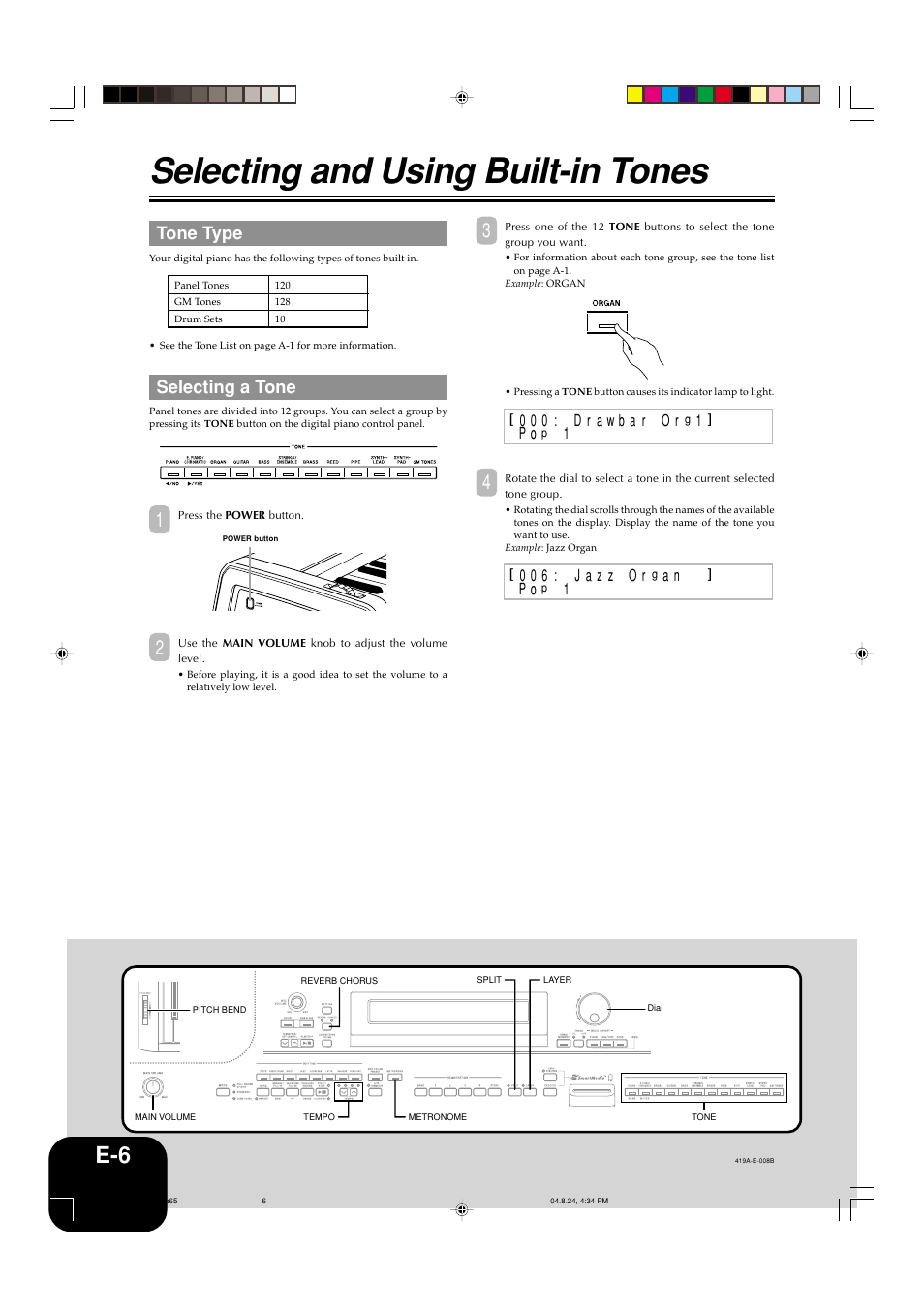 Selecting and using built-in tones, Tone type, Selecting a tone | Casio PX-400R User Manual | Page 8 / 49