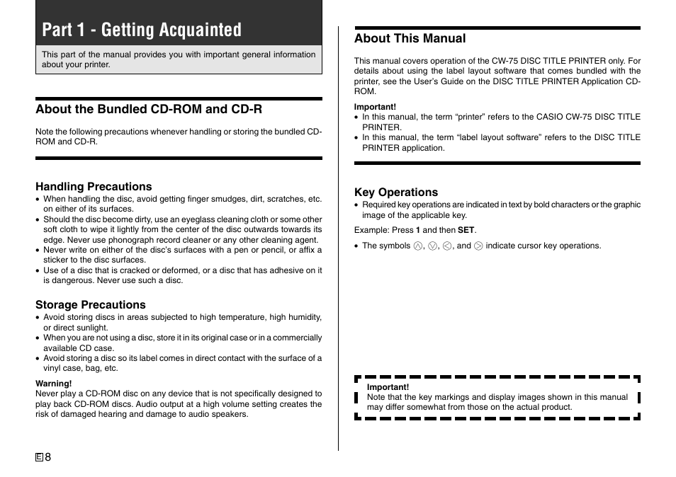 Part 1 - getting acquainted, About the bundled cd-rom and cd-r, About this manual | Casio Printer CW-75 User Manual | Page 10 / 70