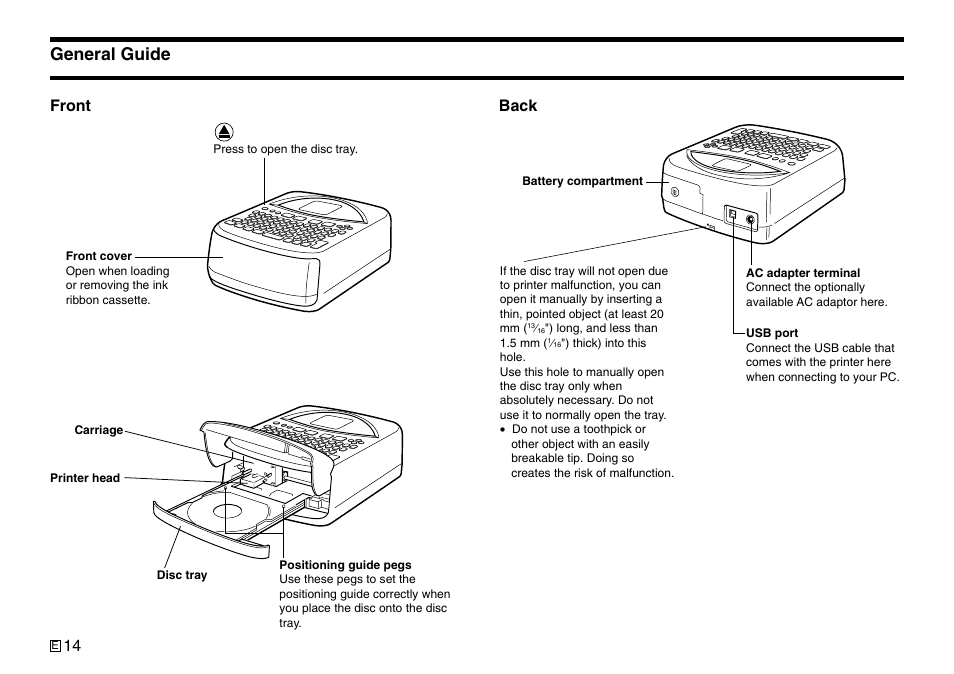 General guide, Front, Back | Casio Printer CW-75 User Manual | Page 16 / 70