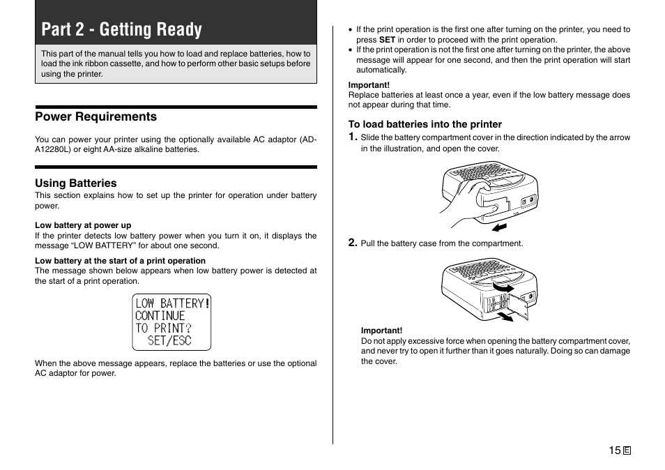 Part 2 - getting ready, Power requirements | Casio Printer CW-75 User Manual | Page 17 / 70