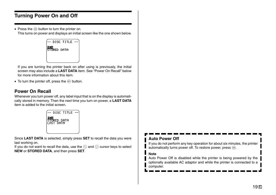 Turning power on and off | Casio Printer CW-75 User Manual | Page 21 / 70