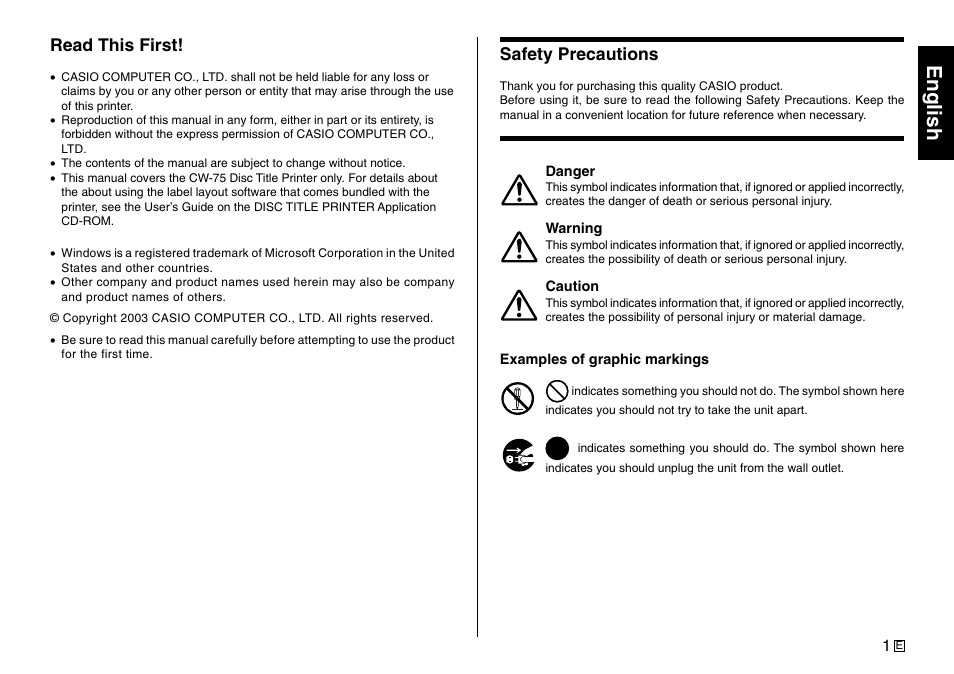 English, Read this first, Safety precautions | Casio Printer CW-75 User Manual | Page 3 / 70