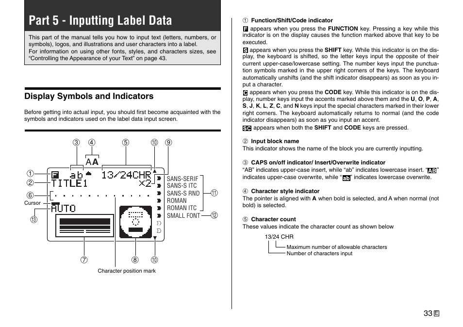 Part 5 - inputting label data | Casio Printer CW-75 User Manual | Page 35 / 70