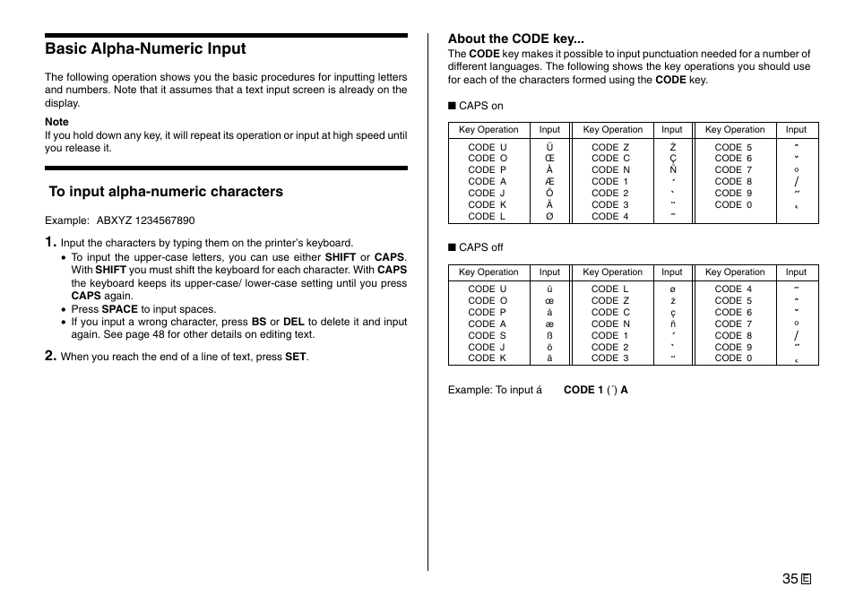 Basic alpha-numeric input | Casio Printer CW-75 User Manual | Page 37 / 70