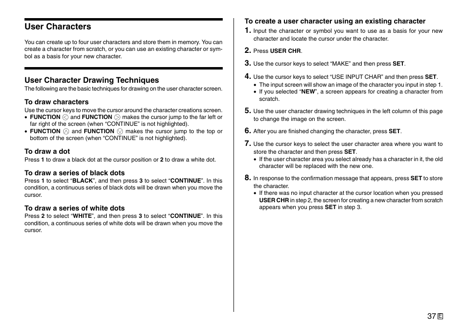 User characters | Casio Printer CW-75 User Manual | Page 39 / 70