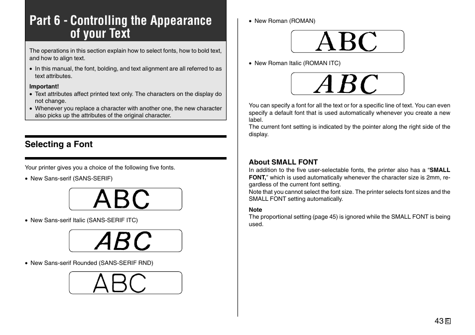 Part 6 - controlling the appearance of your text | Casio Printer CW-75 User Manual | Page 45 / 70